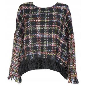 Zara Multicolor Plaid & Fringe Sweater
